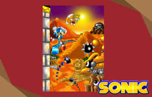 Sonic the Hedgehog 在沙漠金字塔關卡中擺盪，Tails 在上面飛。 — 音速小子 壁紙