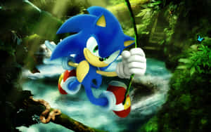 Sonic the Hedgehog 在一條叢林河上方的藤蔓上盪來盪去，附近有一隻蝴蝶。 — 音速小子 壁紙