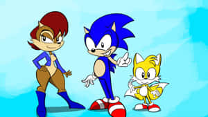 Sonic Tails 和 Amy Rose 在藍色背景上以歡樂的卡通姿勢。 — 音速小子 壁紙