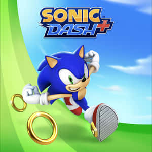 Sonic the Hedgehog 在充滿活力的遊戲場景中帶著金色光環奔跑。 — 音速小子 壁紙