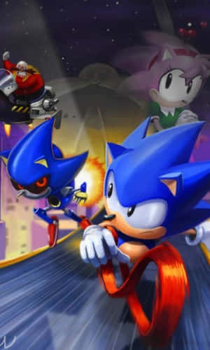 Sonic the Hedgehog 與盟友和敵人在繁星點點的夜空中高速奔馳。 — Galaxy Tab A11 壁紙