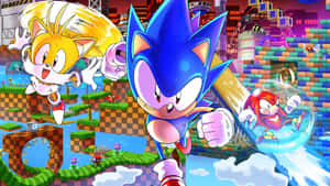 Sonic、Tails 和 Knuckles 在色彩繽紛的電玩關卡中競速。 — 音速小子 壁紙
