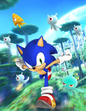 Sonic the Hedgehog 在森林中快速奔跑，周圍有外星生物。 — 索尼克 壁紙