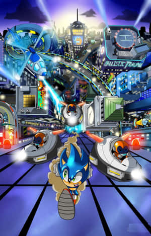 Sonic the Hedgehog 在有飛車和發光招牌的霓虹城市中奔馳。 — OnePlus Pad Lite 壁紙