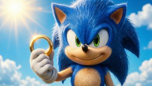 Sonic the Hedgehog 在明亮的太陽下拿著一個金色的環。
