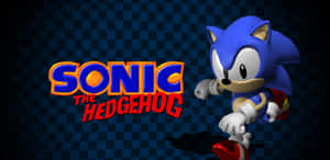 Sonic the Hedgehog 在格子背景上與他的標誌一起奔跑。 — 音速小子 壁紙