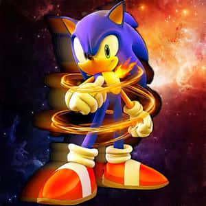 Sonic the Hedgehog 被發光環繞，置身於充滿活力的宇宙場景中。 — 音速小子 壁紙