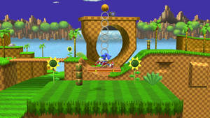Sonic the Hedgehog 在一個綠色平台上奔跑，平台上有向日葵和格子背景。 — 電玩遊戲 GIF 壁紙
