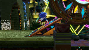 Sonic the Hedgehog 在一個充滿活力的寺廟場景中，在一個發光的平台上高速奔馳。 — 音速小子 壁紙