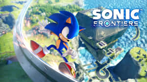 Sonic the Hedgehog 在彎曲賽道上高速奔馳，下方是綠色島嶼風景。 — 音速小子 壁紙