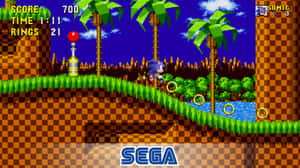 Sonic the Hedgehog 在一個有光環和棕櫚樹的像素化叢林關卡中奔跑。 — 音速小子 壁紙