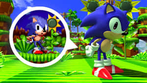 Sonic the Hedgehog 在3D叢林中，對話氣泡顯示了他像素化的自我。 — 索尼克 壁紙