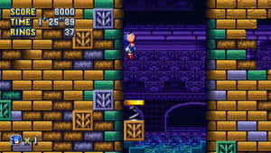 Sonic the Hedgehog 在一個像素化的遊戲關卡中，顯示分數和時間。 — 音速小子 壁紙