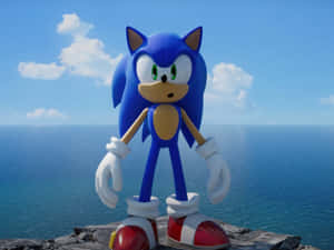 Sonic the Hedgehog 站在懸崖上，在陽光明媚的日子裡俯瞰海洋。 — 音速小子 壁紙