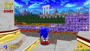 Sonic the Hedgehog 在經典16位元電玩關卡中，有紫色牆壁和山脈 — 音速小子 壁紙