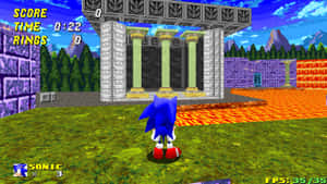 Sonic the Hedgehog 在一個有寺廟和熔岩的 3D 遊戲關卡中 — 音速小子 壁紙