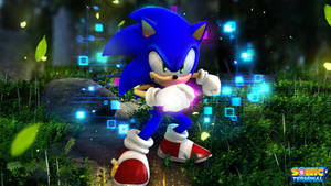 Sonic the Hedgehog 在一個帶有發光藍色數位效果的森林中。 — 音速小子 壁紙