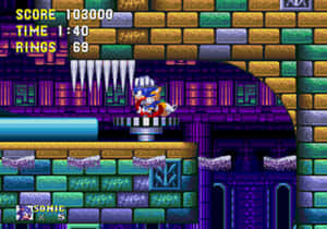 Sonic the Hedgehog 在一個像素化的城堡關卡中，顯示分數和時間。 — 音速小子 壁紙