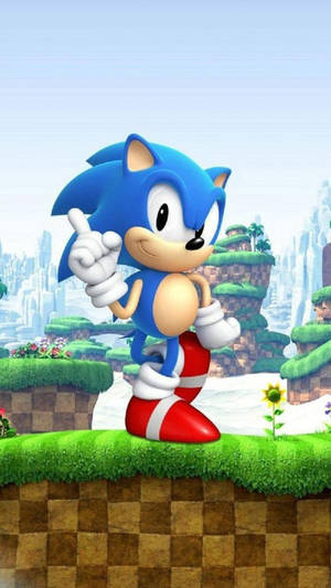 Sonic the Hedgehog 喺一個色彩繽紛嘅遊戲世界中，喺草地上嘅平台上指向上面。 — 音速小子 壁紙