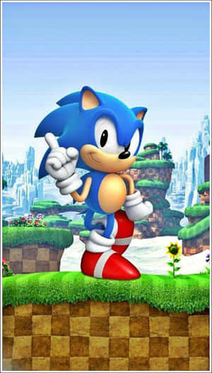Sonic the Hedgehog 在草地上指向天空，背景有浮島。 — 音速小子 壁紙