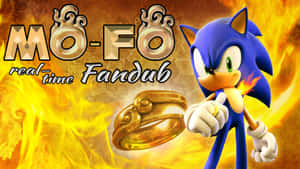 Sonic the Hedgehog 在火熱的金色背景前手持一個燃燒的戒指，並帶有 fandub 文字。 — 音速小子 壁紙