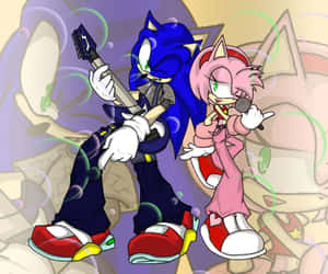 Sonic 和 Amy Rose 用吉他和麥克風演奏音樂，被氣泡包圍。 — 音速小子 壁紙