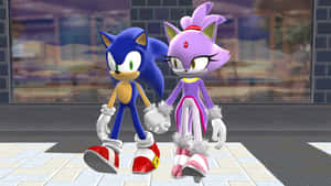 Sonic 和 Amy Rose 在鋪滿瓷磚的房間裡手牽手，欣賞城市景觀。 — 音速小子 壁紙