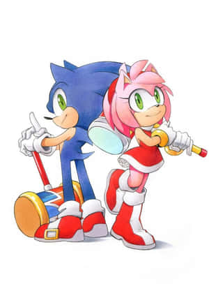 Sonic 和 Amy Rose 穿著標誌性服裝手持武器。 — Kindle 壁紙
