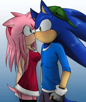 Sonic 和 Amy 以浪漫姿勢，Sonic 戴著綠色帽子，Amy 穿著紅色連衣裙。 — 小米 Mix Flip 2 壁紙