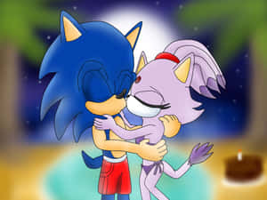 Sonic 和 Amy 在星空下擁抱，附近有生日蛋糕。 — 音速小子 壁紙