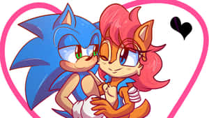 Sonic 和 Amy 在粉紅色心形內擁抱，附近漂浮著一個黑色心形。 — 音速小子 壁紙