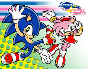 Sonic 和 Amy 以充滿活力的卡通風格在色彩繽紛的背景中奔跑。 — 音速小子 壁紙