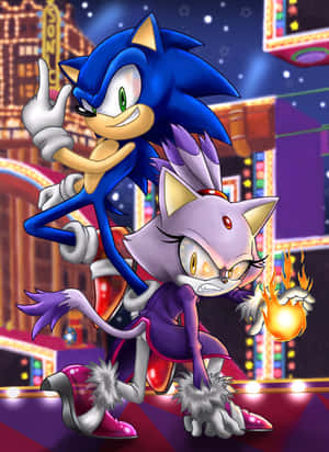 Sonic 和 Blaze 在夜晚的霓虹城市，Blaze 手持火焰。 — iPad 第9代 壁紙