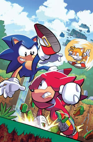 Sonic、Knuckles 和 Tails 以漫畫風格在綠色風景中飛馳。 — 音速小子 壁紙