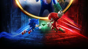 Sonic 和 Knuckles 在寺廟中穿過發光的圓環向相反方向奔跑。 — 音速小子 壁紙