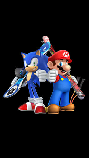 Sonic 和 Mario 手持滑雪板，在黑色背景前豎起大拇指。 — 音速小子 壁紙