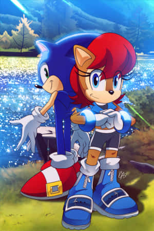 Sonic 和 Sally 一起站在森林中，身後有閃閃發光的水。 — Oppo Pad 壁紙