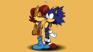 Sonic 和 Sally 在芥末色背景上接吻，上方漂浮著一顆心。 — 音速小子 壁紙