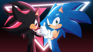 Sonic 和 Shadow 在霓虹燈場景中豎起大拇指。 — 音速小子 壁紙