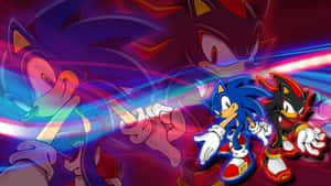 Sonic 和 Shadow 擺出動作姿勢，身後有發光的能量軌跡。 — 音速小子 壁紙