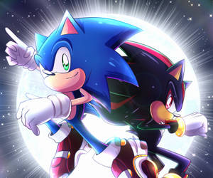 動漫風格的 Sonic 和 Shadow 在星光月夜下英勇地擺姿勢。 — 音速小子 壁紙
