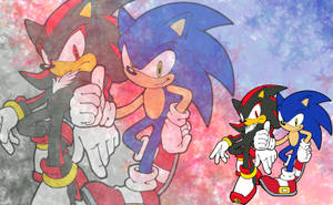 Sonic 和 Shadow 在色彩繽紛的抽象背景中豎起大拇指。 — 音速小子 壁紙
