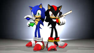 Sonic 和 Shadow 在工作室的聚光燈下手持寶石和一把槍。 — 音速小子 壁紙