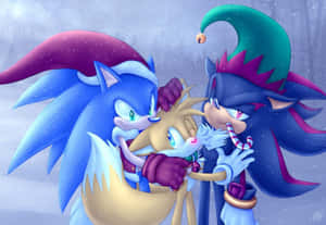 Sonic、Shadow 和 Tails 在飄雪的冬日場景中擁抱。 — 音速小子 壁紙