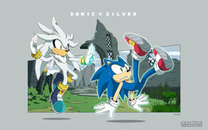 動漫風格的 Sonic 和 Silver 站在廢墟前，有草和樹木。 — 音速小子 壁紙