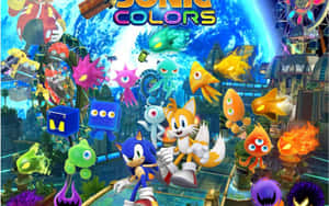 Sonic 和 Tails 在一個有浮動敵人的色彩繽紛未來城市中飛馳。 — 索尼克 壁紙