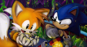 Sonic 和 Tails 在一個發光的叢林冒險場景中。 — 音速小子 壁紙