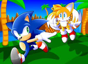Sonic 和 Tails 在棕櫚樹的熱帶叢林中奔跑。 — 音速小子 壁紙