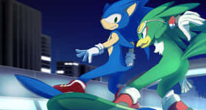 Sonic 和 Tails 在夜晚乘著衝浪板穿過一個霓虹燈照亮城市。 — 獵鷹 壁紙