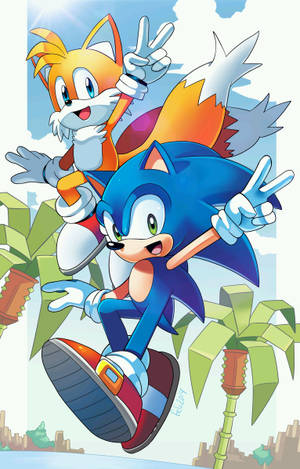 Sonic 和 Tails 在棕櫚樹和城市上空比出和平手勢飛翔 — Galaxy Tab S10+ 壁紙